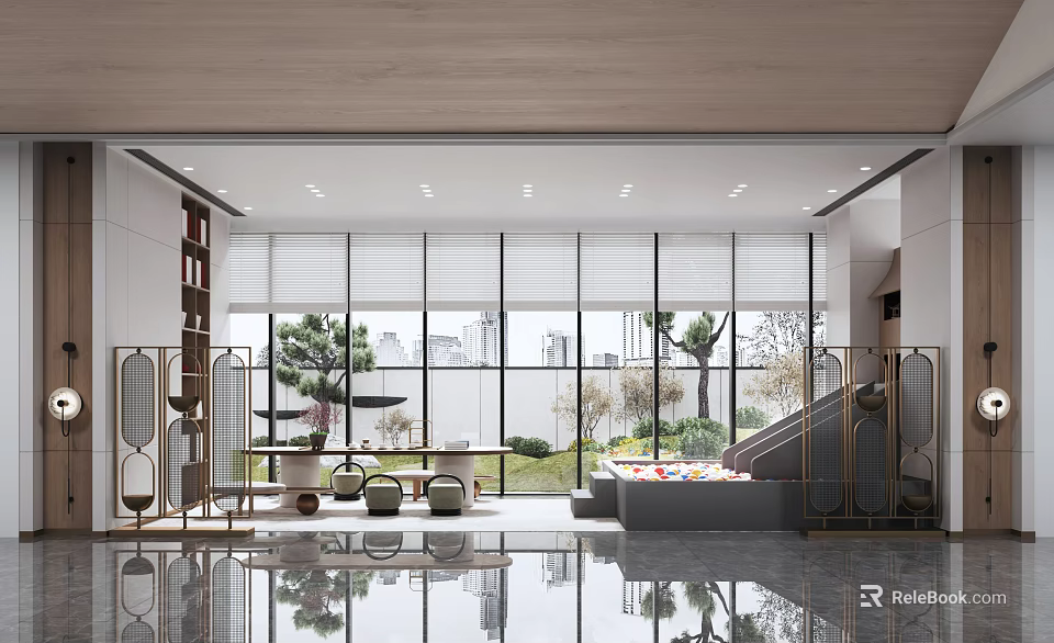 Spacious Recreation Room With Large Windows City View Green Plants Slide And Sofa 3d model 