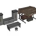 Worn Furniture Setup With Tattered Tent Cabinets Table Stool And Metal Frames