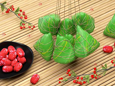 Traditional Glutinous Rice Dumplings Wrapped in Green Leaves With Red Dates Berries And Bamboo Mat 3d model