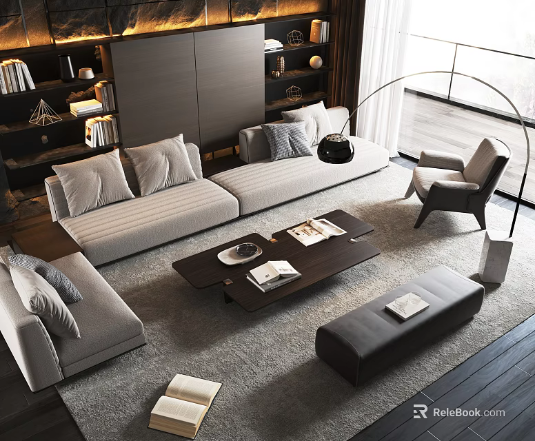 Modern Sectional Sofa And Coffee Table Set With Pillows Floor Lamp And Area Rug 3d model 