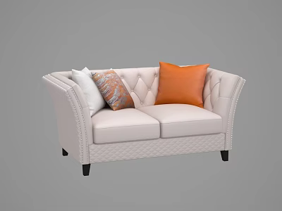 Ivory Two Seater Sofa With Diamond Tufted Design Orange White And Patterned Cushions Black Legs 3d model
