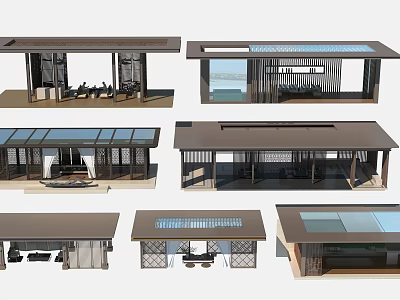 Modern Architectural Designs From Different Angles With Glass Windows And Roof Structures 3d model