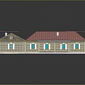 Wooden Building Structure With Red And Gray Roofs Windows And White Chimneys