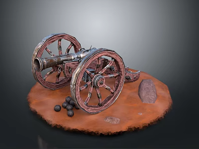 Ancient Cannon Model With Wooden Wheels Iron Barrel And Cannonballs On Brown Base 3d model