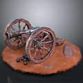 Ancient Cannon Model With Wooden Wheels Iron Barrel And Cannonballs On Brown Base
