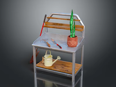 Garden Storage Shelf With Metal Frame Wooden Shelves Garden Tools Watering Can And Green Plant 3d model