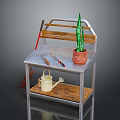 Garden Storage Shelf With Metal Frame Wooden Shelves Garden Tools Watering Can And Green Plant