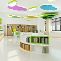 Modern Reading Room Kindergarten Primary School Reading Room Library Shaped Bookcase Bookshelf Low Cabinet Shaped Arc Card Seat Bookcase Desk 3d model