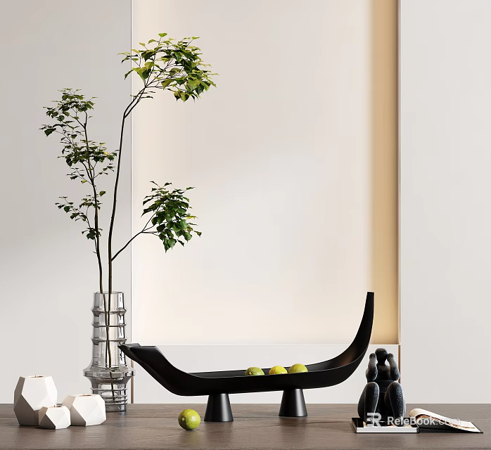 Modern Decorative Ornament Set With Glass Vase Green Plant And Black Curved Accent 3d model 