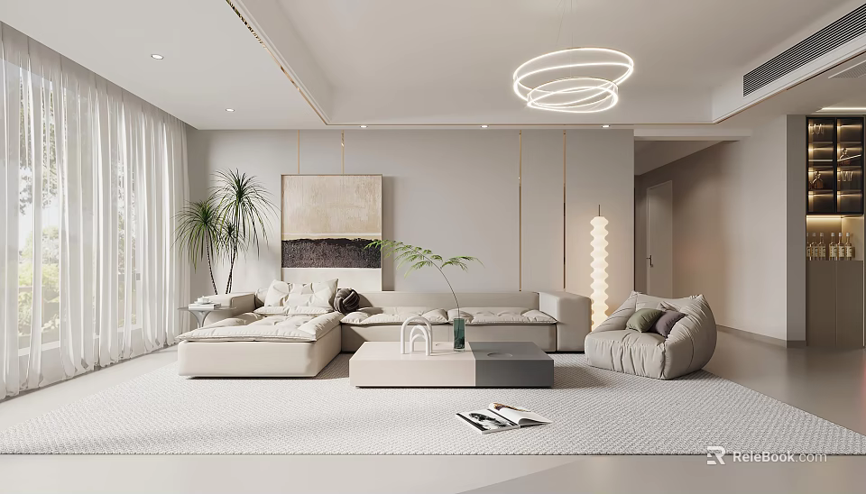 Modern Minimalist Living Room Interior With White Sofa Round Chandelier Potted Plant And Artwork 3d model 