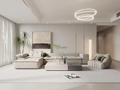Modern Minimalist Living Room Interior With White Sofa Round Chandelier Potted Plant And Artwork 3d model