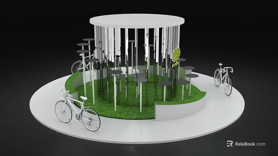 Scenic Photo Check In Spot With Circular White Structure Green Grass And Bicycles 3d model 