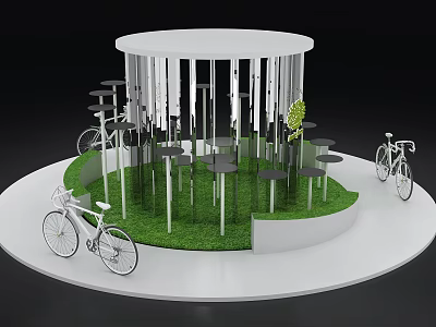 Scenic Photo Check In Spot With Circular White Structure Green Grass And Bicycles 3d model