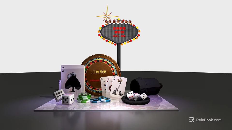 Casino Themed Setup With Neon Sign Playing Cards Dice Chips And Roulette Wheel 3d model 