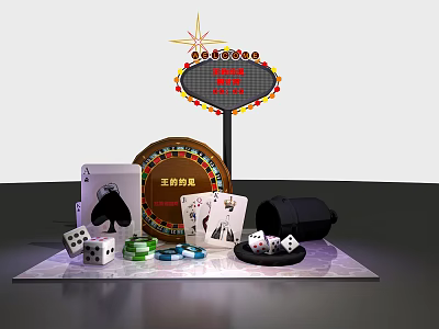 Casino Themed Setup With Neon Sign Playing Cards Dice Chips And Roulette Wheel 3d model