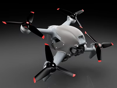 Modern Gray Drone With Four Propellers Red Tips And Built In Camera 3d model