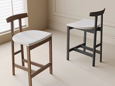 Modern Bar Stools With Wooden And Black Frames White Cushions In Light Colored Room 3d model