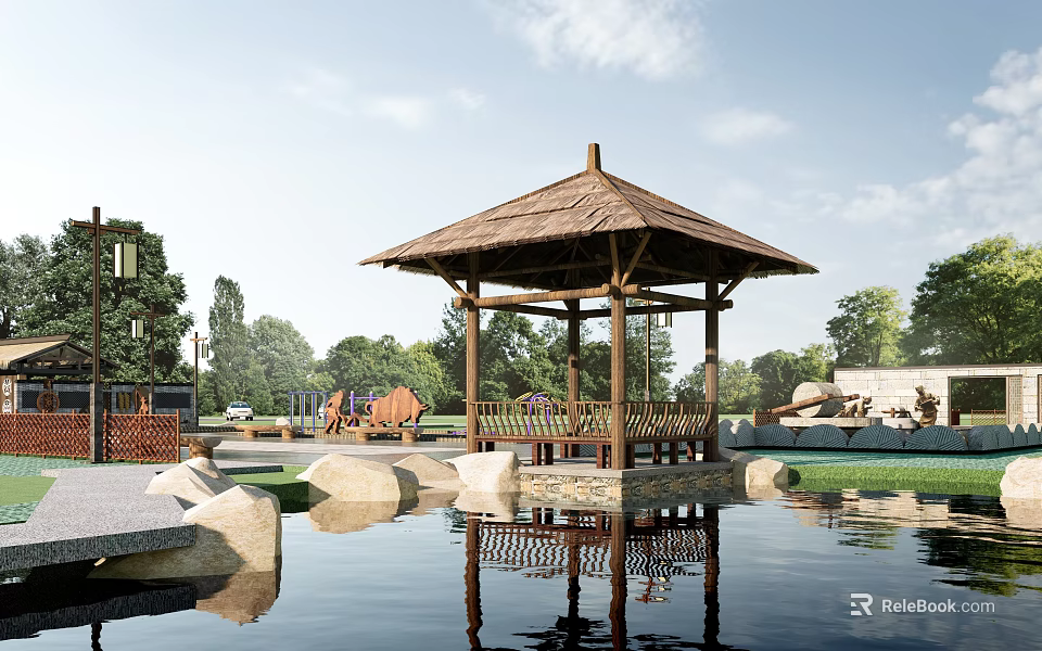 Wooden Landscape Pavilion With Thatched Roof And Pond Reflection Surrounded By Trees Stones 3d model 