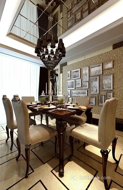 Elegant Classic Dining Table Set With Beige Chairs Wall Paintings And Chandelier 3d model 