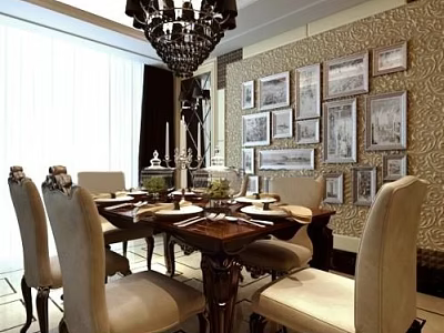 Elegant Classic Dining Table Set With Beige Chairs Wall Paintings And Chandelier 3d model