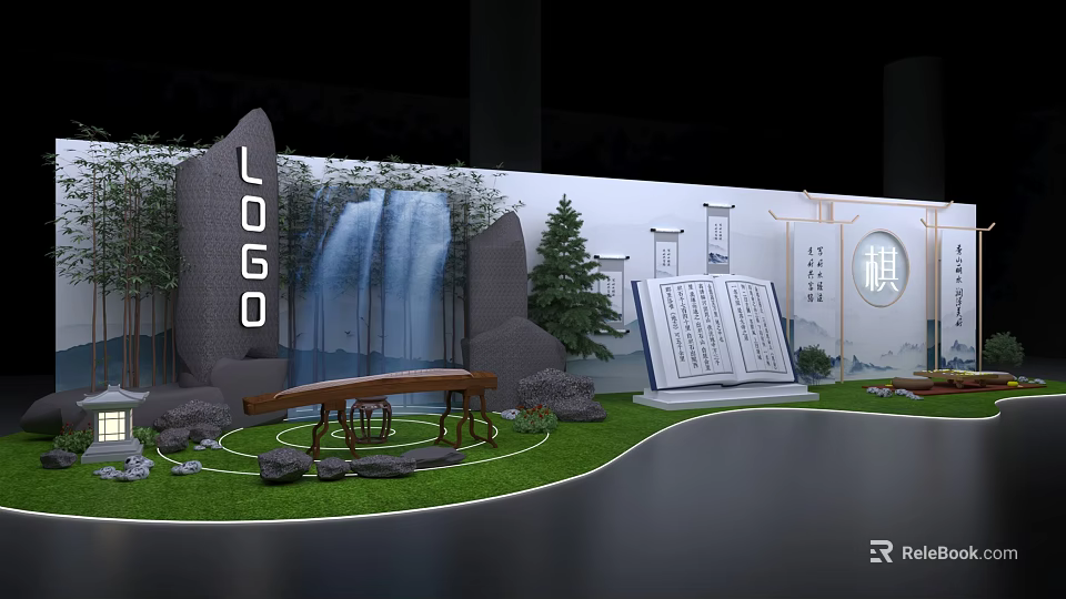 Creative Landscape Exhibition With Waterfall Stone Pine Tree Book Display Lawn And Bench 3d model