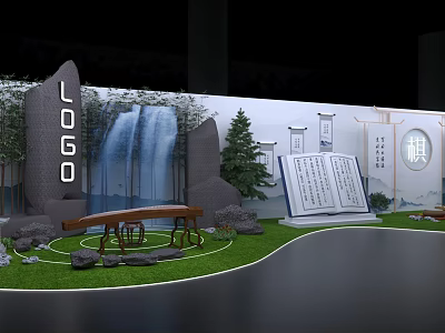 Creative Landscape Exhibition With Waterfall Stone Pine Tree Book Display Lawn And Bench 3d model
