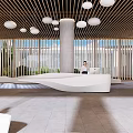 Modern Reception Area With White Curved Desk Wooden Slat Ceiling And Round Pendant Lights