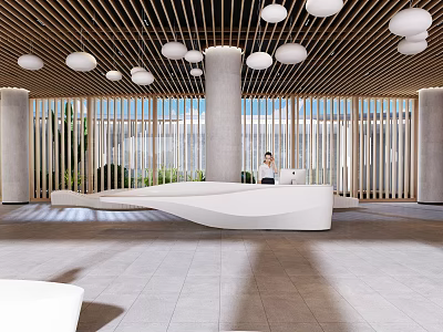 Modern Reception Area With White Curved Desk Wooden Slat Ceiling And Round Pendant Lights 3d model
