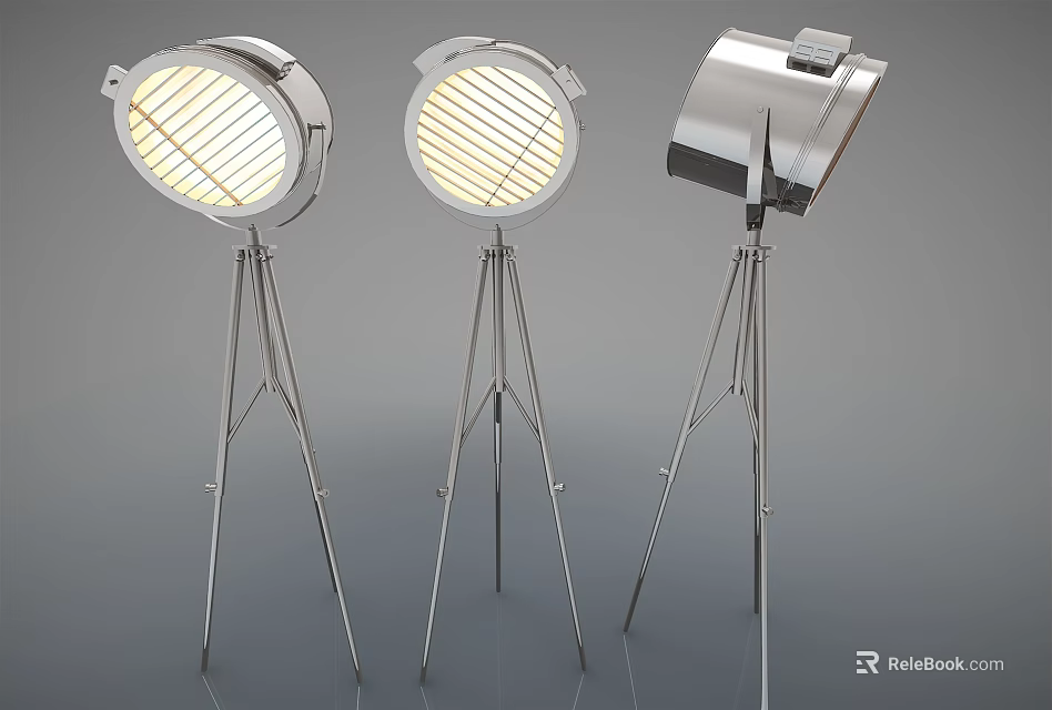 Three Modern Metal Floor Lamps with Tripod Base Round Grille Design Shades and Bright Illumination 3d model 