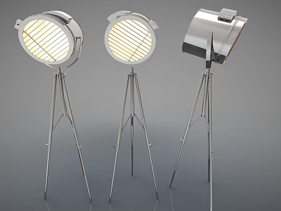 Three Modern Metal Floor Lamps with Tripod Base Round Grille Design Shades and Bright Illumination 3d model