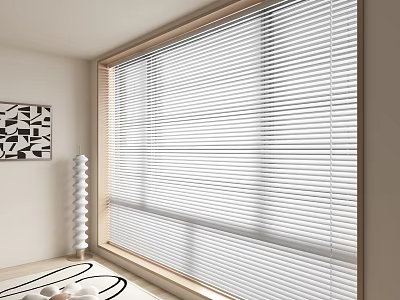 Modern Interior With White Window Blinds And Wooden Frame Allowing Natural Light 3d model