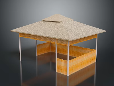 Wooden Outdoor Pavilion With Thatched Roof Lattice Panels And Slender Support Columns 3d model