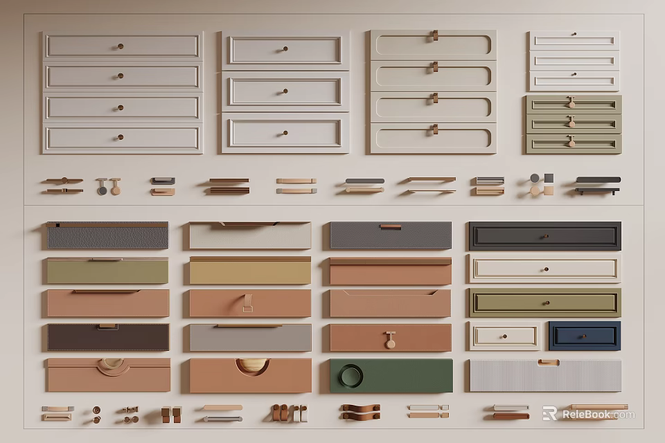Diverse Drawer Designs Featuring Colorful Panels And Various Handles 3d model