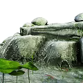 Stone Enclosed Garden Ornament With Rockery Waterfall Pond Lily Pads And Lotus