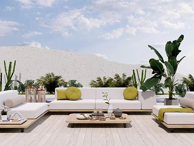 White Outdoor Sofa with Yellow Cushions on Wooden Deck Surrounded by Cacti and Palm Trees 3d model