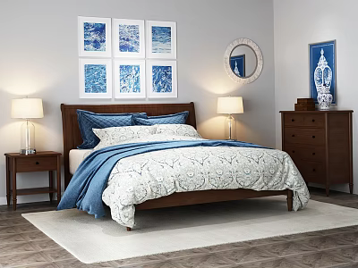 Double Bed with Blue White Bedding Nightstands Table Lamps Wall Art Dresser on Rug 3d model
