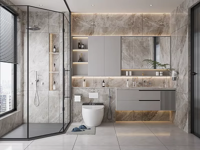 Modern Bathroom Interior With Glass Shower Marble Walls Vanity Toilet And Recessed Lighting 3d model