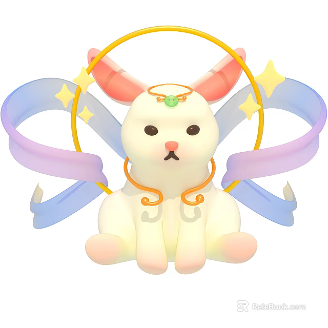 White Rabbit With Pink Ears Golden Halo Green Gem Blue Purple Ribbons And Star Decorations 3d model 