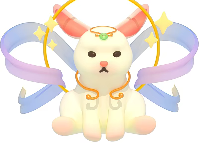 White Rabbit With Pink Ears Golden Halo Green Gem Blue Purple Ribbons And Star Decorations 3d model