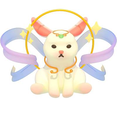 White Rabbit With Pink Ears Golden Halo Green Gem Blue Purple Ribbons And Star Decorations 3d model