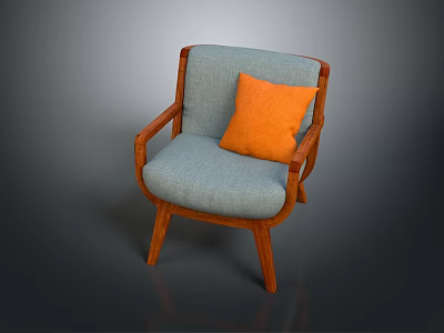 Light Blue Chair With Wooden Legs Armrests And Orange Pillow On Cushioned Seat 3d model