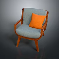 Light Blue Chair With Wooden Legs Armrests And Orange Pillow On Cushioned Seat