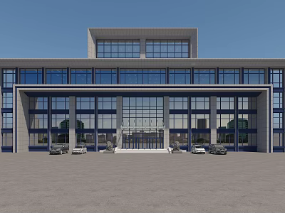 Modern Office Building Exterior With Glass Curtain Walls Spacious Entrance And Parking Area 3d model