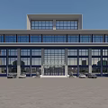 Modern Office Building Exterior With Glass Curtain Walls Spacious Entrance And Parking Area