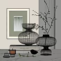 Decorative Ornament Set With Green Glass Vases Yellow Flowering Branches Books Candle And Gray Ornament