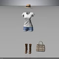 Stylish Women's Outfit With White T Shirt Blue Denim Shorts Brown Boots Hat And Handbag