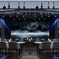 Elegant Restaurant Interior With Decorative Lights Green Plants White Animal Sculptures And Blue Floor Lighting