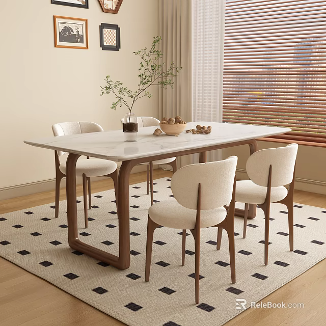 Modern Dining Table Set With White Tabletop Wooden Legs Beige Chairs Vase And Fruit Bowl 3d model 