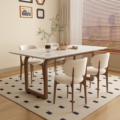 Modern Dining Table Set With White Tabletop Wooden Legs Beige Chairs Vase And Fruit Bowl 3d model