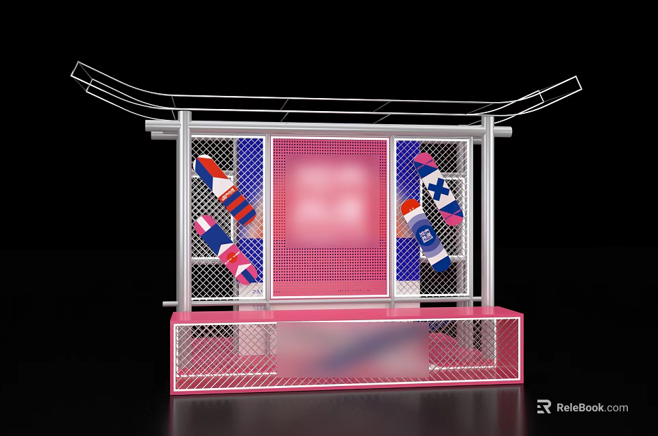 Bright Check in Photo Spot With Pink Platform Colorful Patterns Metal Frame And Grid Design 3d model 